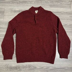 LL‎ Bean Lambs Wool Sweater Men XL Burgundy Pull Over Buttons High Neck Knitted